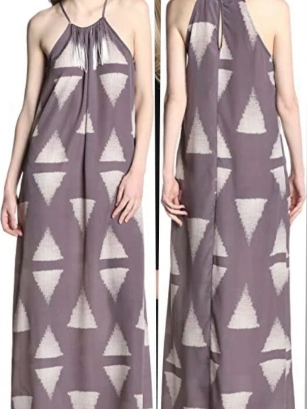 BCBGeneration Mauve Halter Maxi Dress Fringe Ivory Geometric Triangles NWT XS